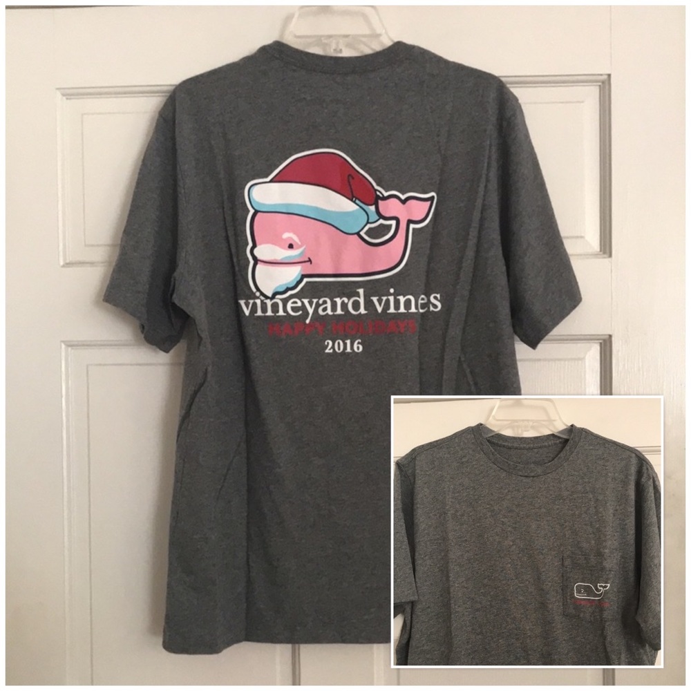 VINEYARD VINES Gray Santa Whale POCKET TEE